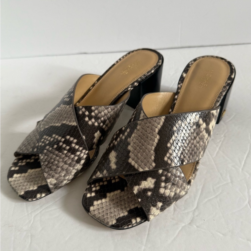 Michael Kors Brown Snake Print Mules Slides Chunky Block Heel Sandals Women 7